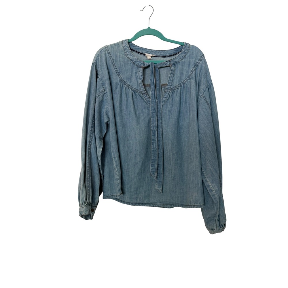 Anthropologie Pilcro XL Long Sleeve Front Tie Denim Batwing Blouse Cotton Boho - Picture 2 of 11